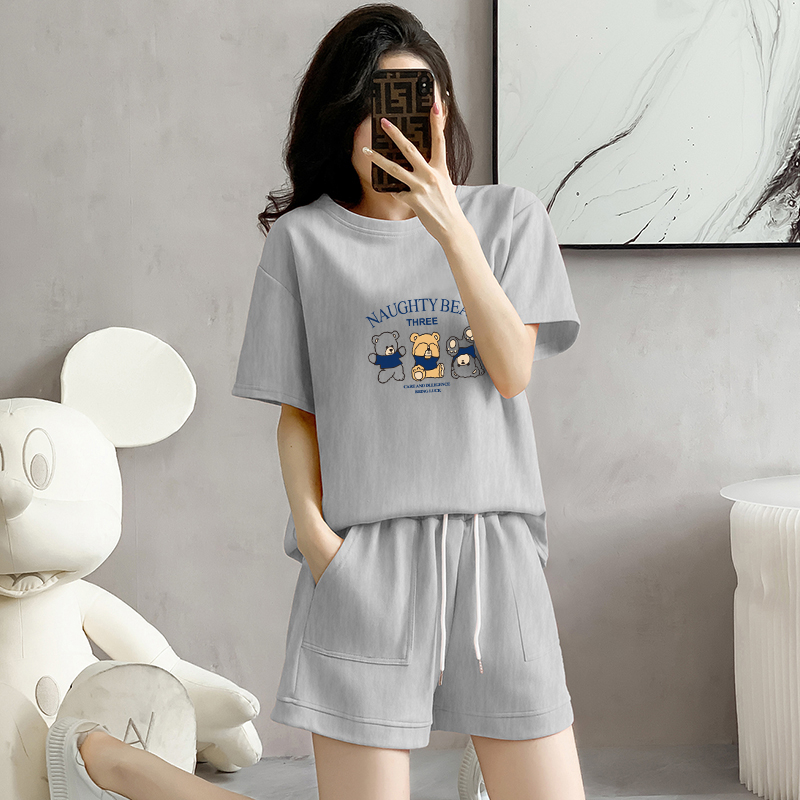 Cotton pique sports suit short-sleeved shorts women's summer new loose age-reducing design casual running two-piece set