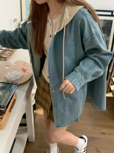 Actual shot of new retro splicing hooded casual simple style niche design brushed denim shirt