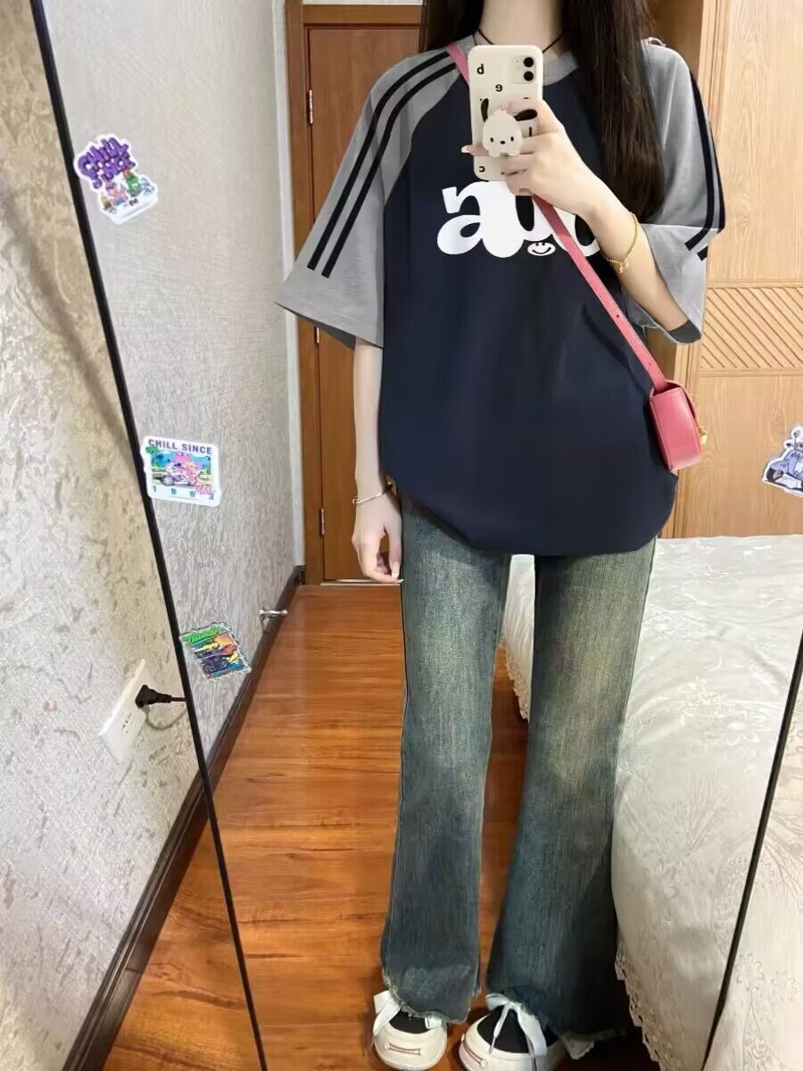 純棉200克21支精梳精密前 印花拼色三條槓落肩短袖t恤女