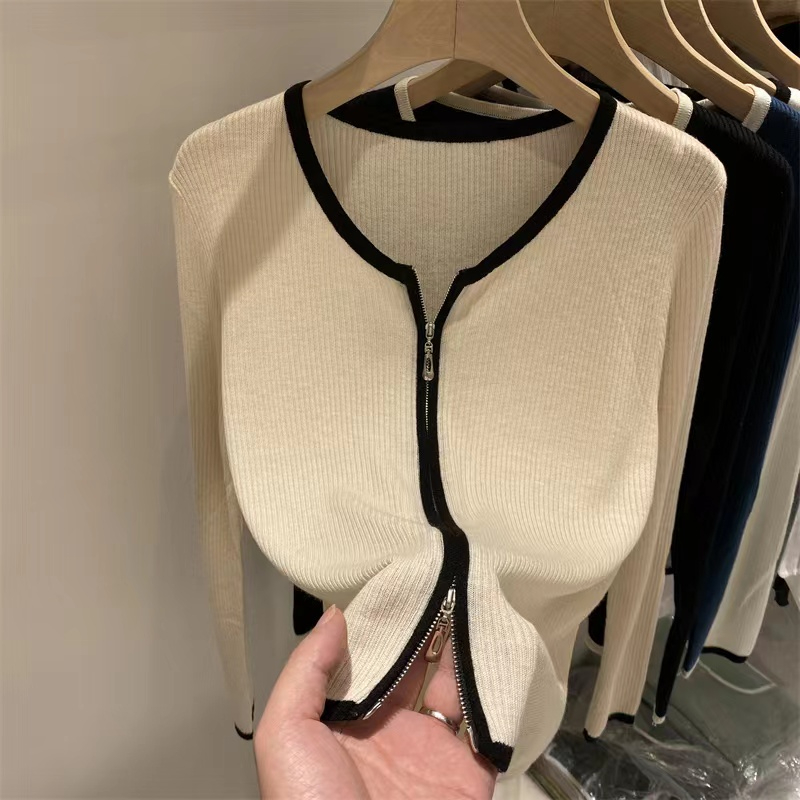 European design double zipper soft waxy long-sleeved knitted cardigan for women 2024 autumn new style style bottoming shirt top