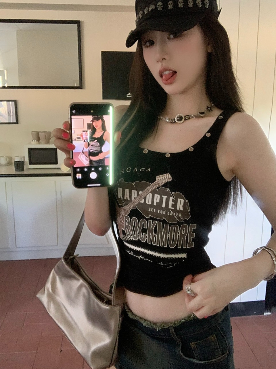 已出貨 美式辣妹字母印花吊帶夏季新款設計感金屬圓環短款背心