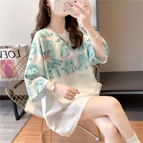 Real shot summer Korean style loose 6535 cotton cartoon print top mid-length large size short-sleeved T-shirt for women