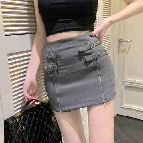 Real shot of sweet and spicy style personalized double zipper hip skirt with slits, slimming design and tight skirt