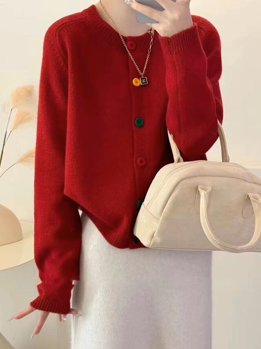 Korean age-reducing rainbow single-breasted round-neck wool knitted cardigan for early spring new lazy style niche pink wool...