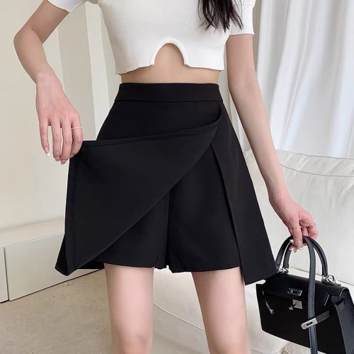 Lined suit fabric invisible zipper black skirt women's spring hip-covering slit culottes