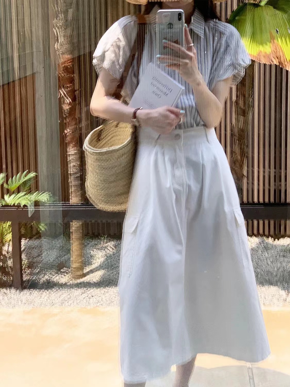 限量海島/泡芙袖 條紋藍襯衫女法式短袖溫柔襯衣小眾超好看上衣夏