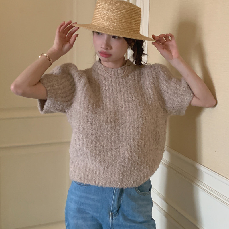 Real shot French retro variegated mixed yarn knitted short sweater short-sleeved sweater top