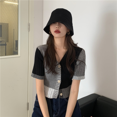 個性拼接外搭針織衫開衫短袖外套新款夏季女裝修身短款上衣潮