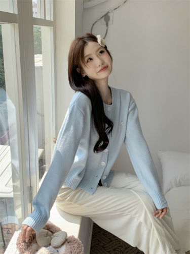Light blue long-sleeved sweater for women, autumn new style, gentle style, soft and waxy loose short outer cardigan