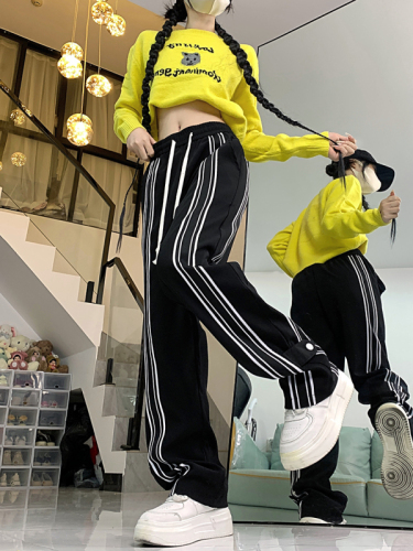 Real shot Chinese cotton composite striped American high street drape straight sports pants loose wide leg casual pants