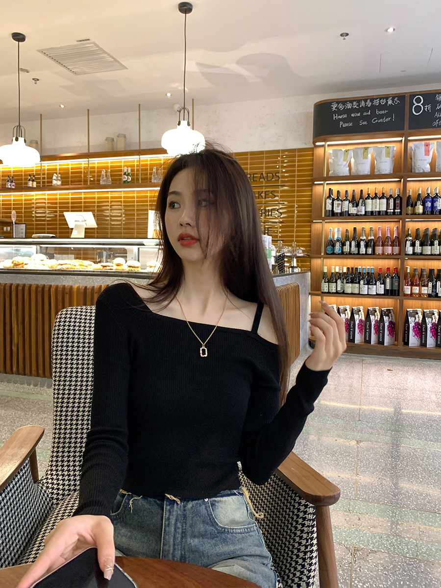 260g free-cut black label quality 2024 spring black off-shoulder slim fit outer wear bottoming long-sleeved top