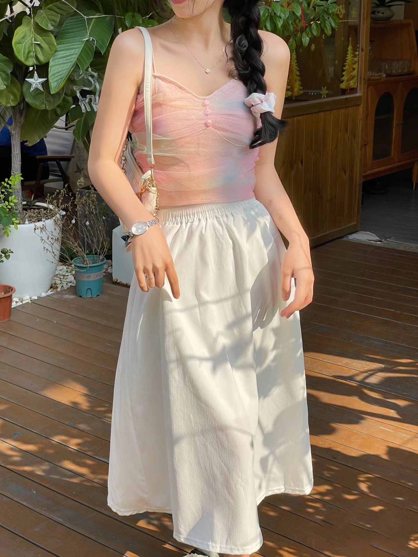 Gradient color mesh camisole women's summer outer wear pure sexy hottie sexy halterneck short tube top