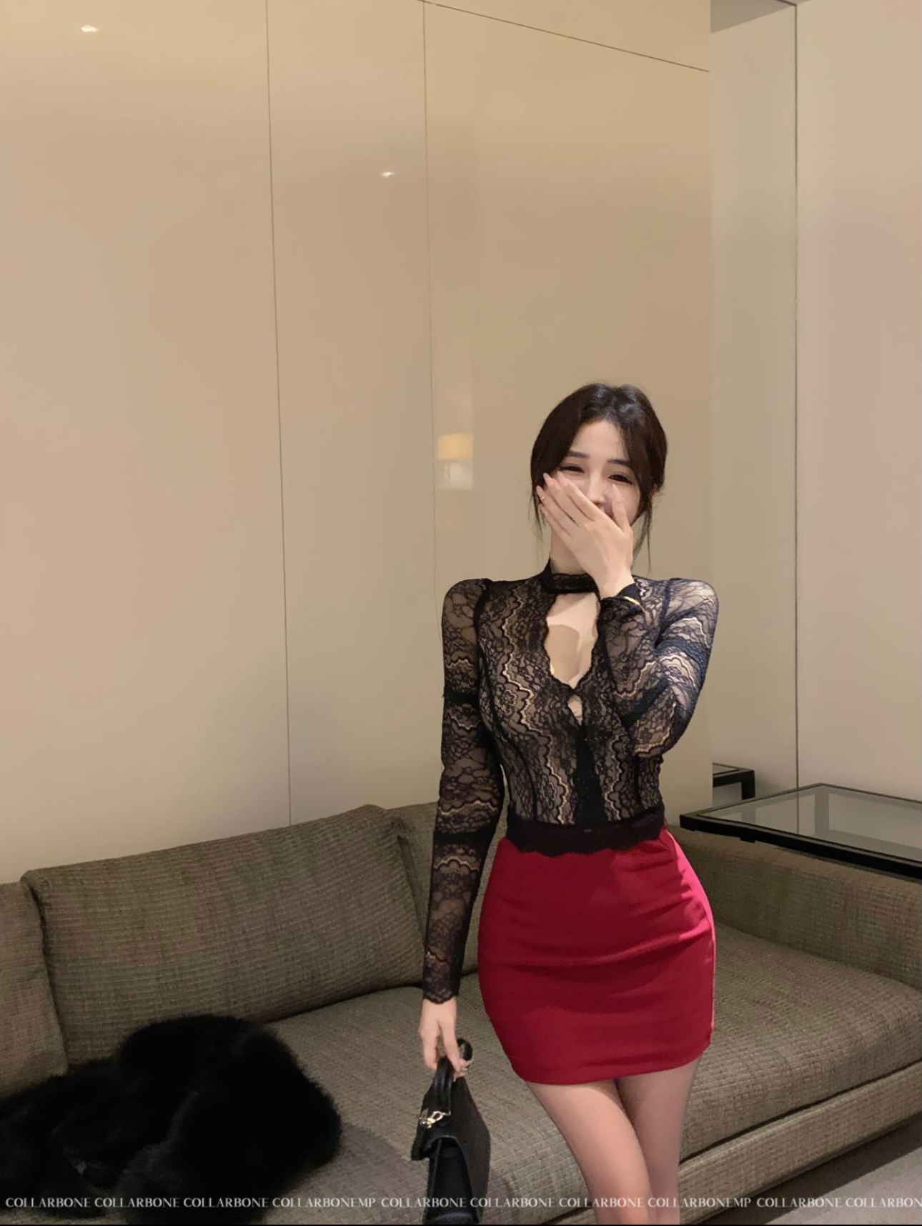 實拍律政俏佳人掛脖高領蕾絲上衣設計純色氣質修身包臀裙套裝