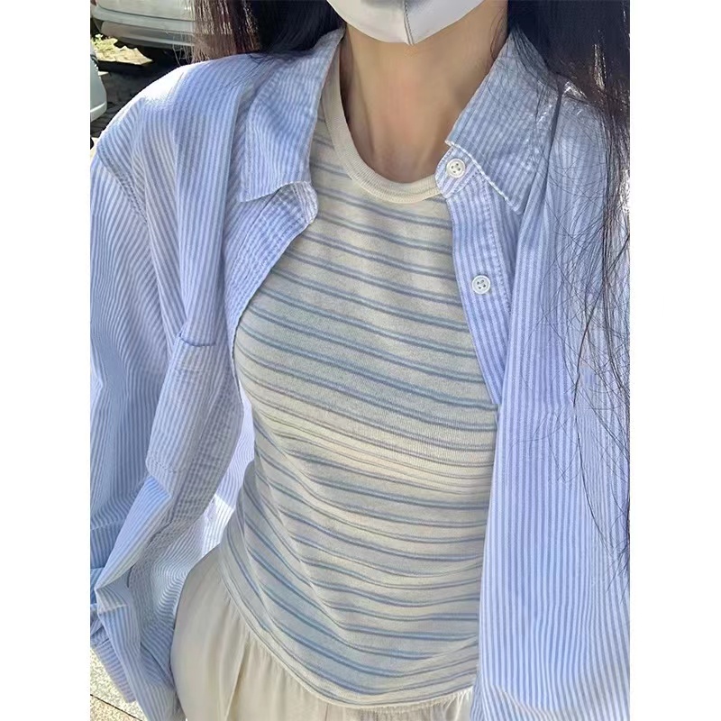 藍色條紋防曬衣襯衫女夏季港風chic別致小眾法式上衣長袖襯衣外套