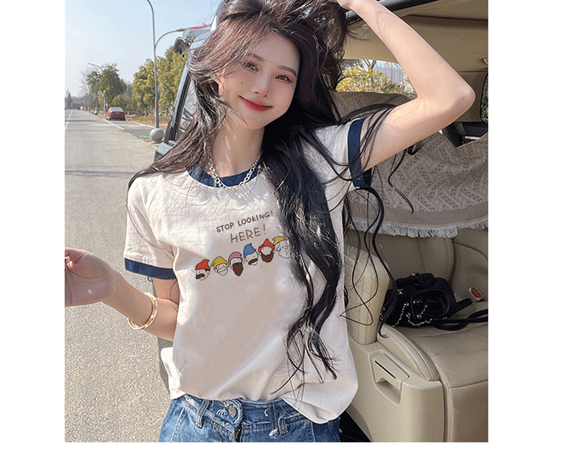 夏季新款短袖t恤七個小矮人動漫印花國潮休閒百搭氣質上衣女