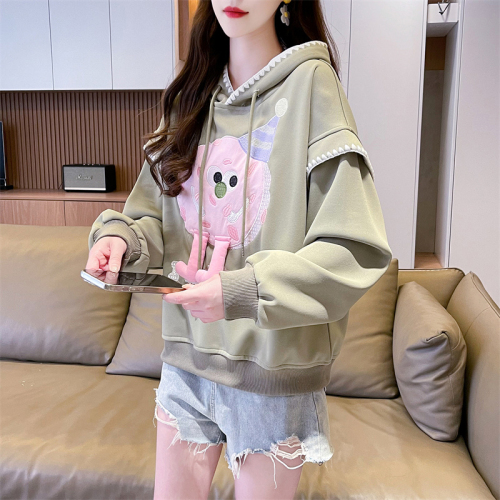 Real shot loose casual cartoon embroidered hooded sweatshirt for women new autumn versatile design spring and autumn jacket