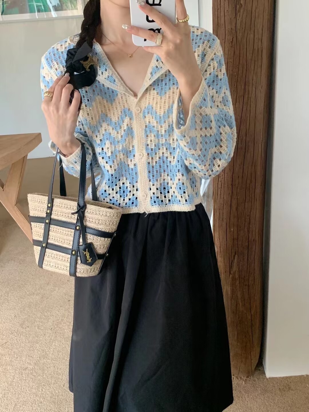 French retro striped hollow thin coat knitted cardigan for women 2024 early autumn lazy style outer wear autumn top