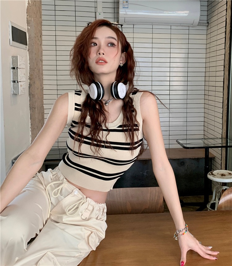 條紋針織吊帶背心女短款內搭打底修身顯瘦上衣遮副乳U領無袖春夏