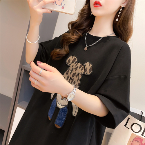 Real shot summer Korean style loose 6535 cotton cartoon patch top mid-length large size short-sleeved T-shirt for women