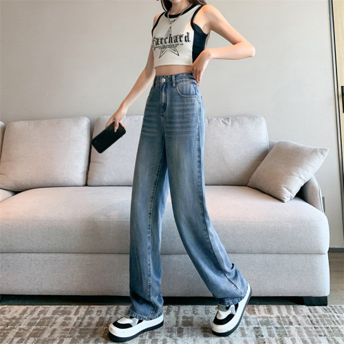 Actual shot of 100% Tencel denim wide-leg pants for women, high-waisted, slim and drapey, summer narrow version of ice silk straight pants