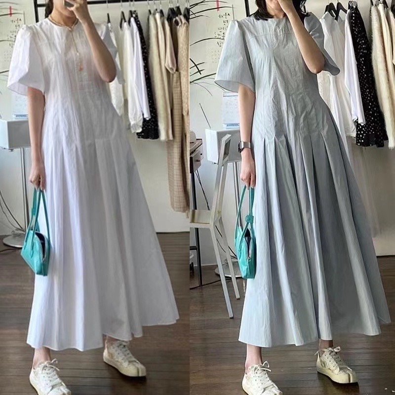 Summer simple round neck pleated waist slimming solid color short-sleeved long skirt for women