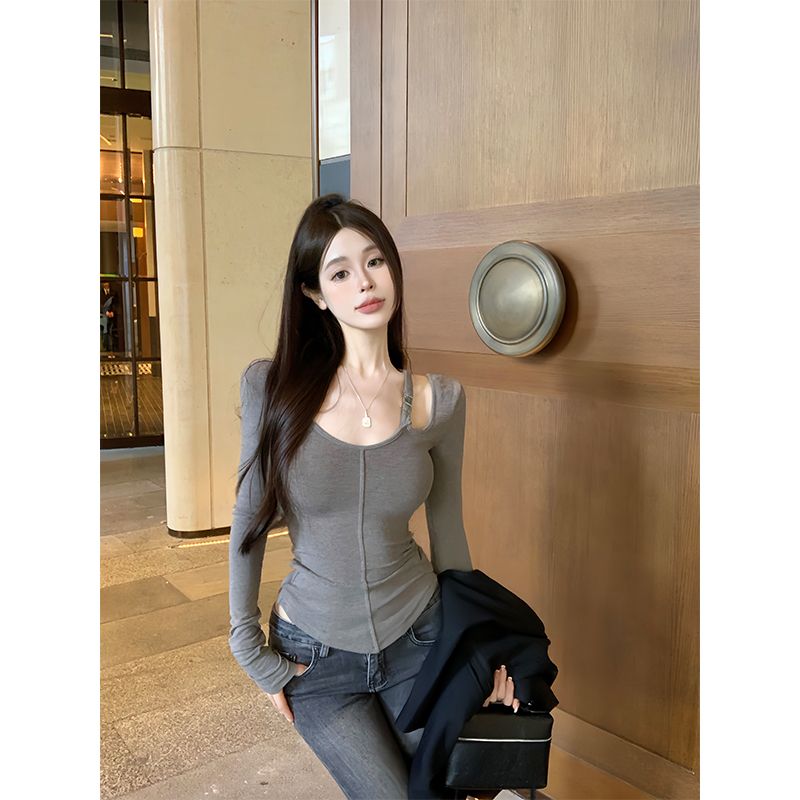 實拍 大U領單肩帶設計早春修身顯瘦套頭打底長袖上衣連衣裙女