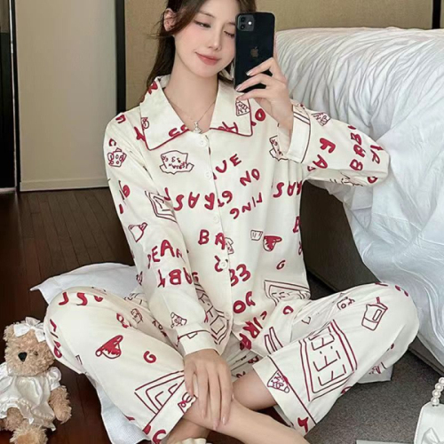 Shangyou Clothes Pajamas Women's Spring and Autumn Korean Style Long-Sleeved Large Size Loose Cardigan Can Be Weared Outside Home Clothes Set