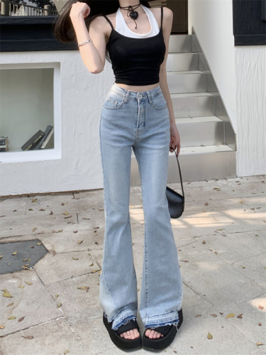 Actual shot of new high-waisted elastic slightly flared slim-fitting long raw edge jeans for women