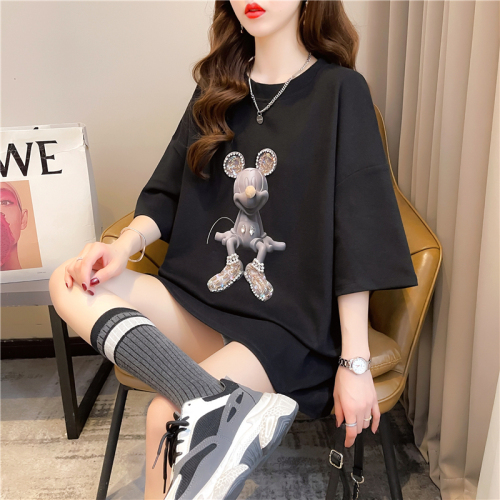 Actual shot of summer Korean style loose 6535 cotton cartoon hot diamond top mid-length large size short-sleeved T-shirt for women