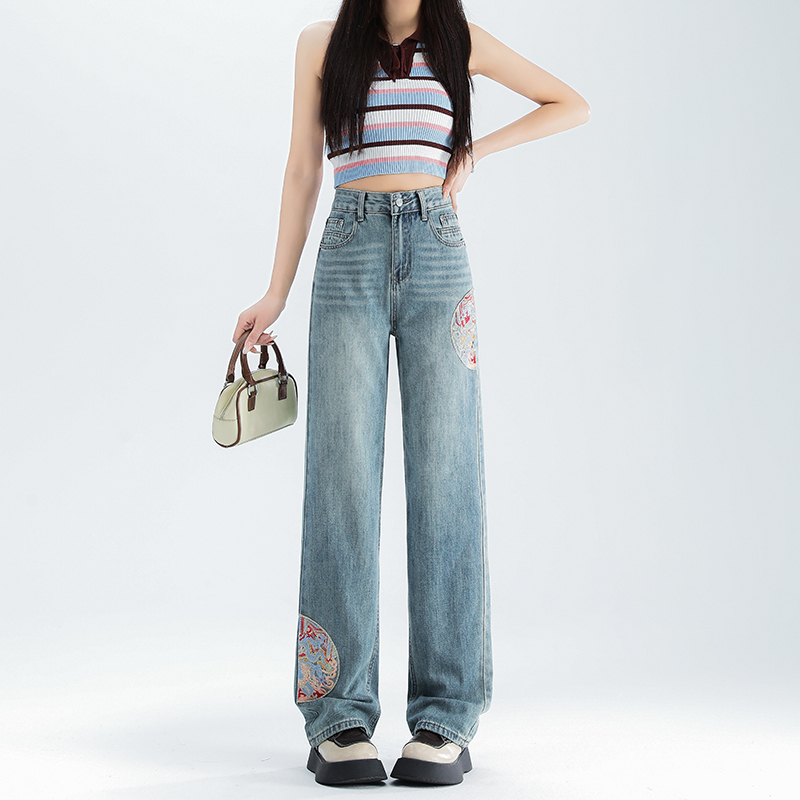 Real shot of Chinese style embroidered denim soft fabric women's high waist loose slimming narrow straight floor mopping pants