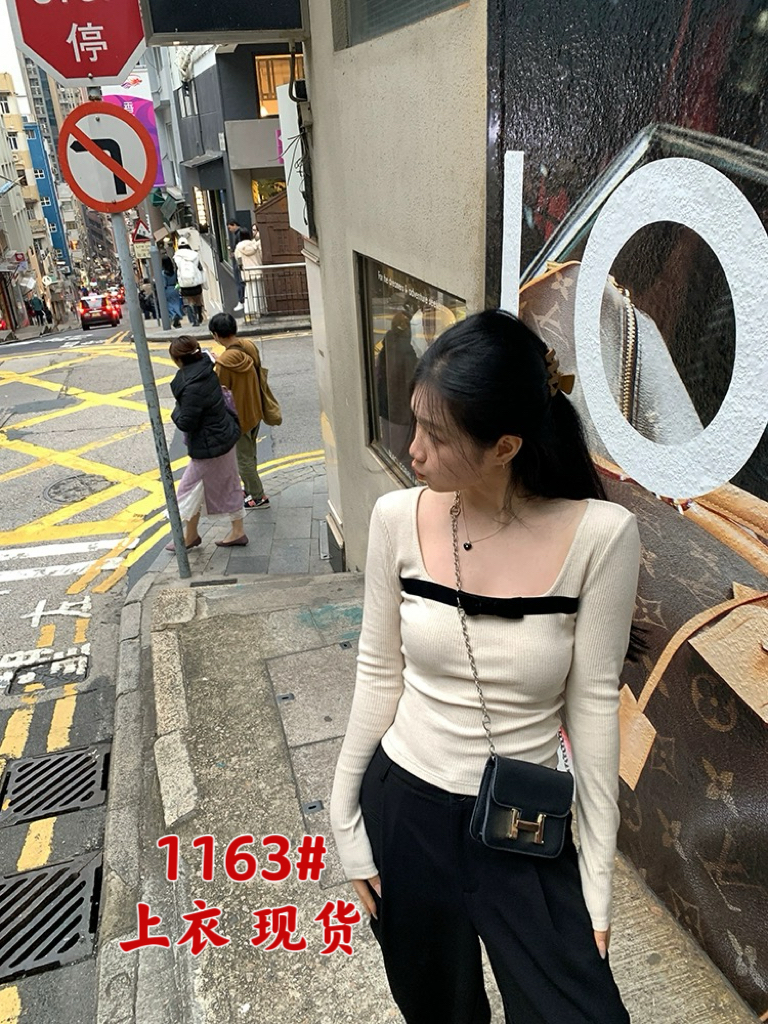 王少女的店杏色蝴蝶結方領針織打底衫2024早春內搭別致韓系短上衣
