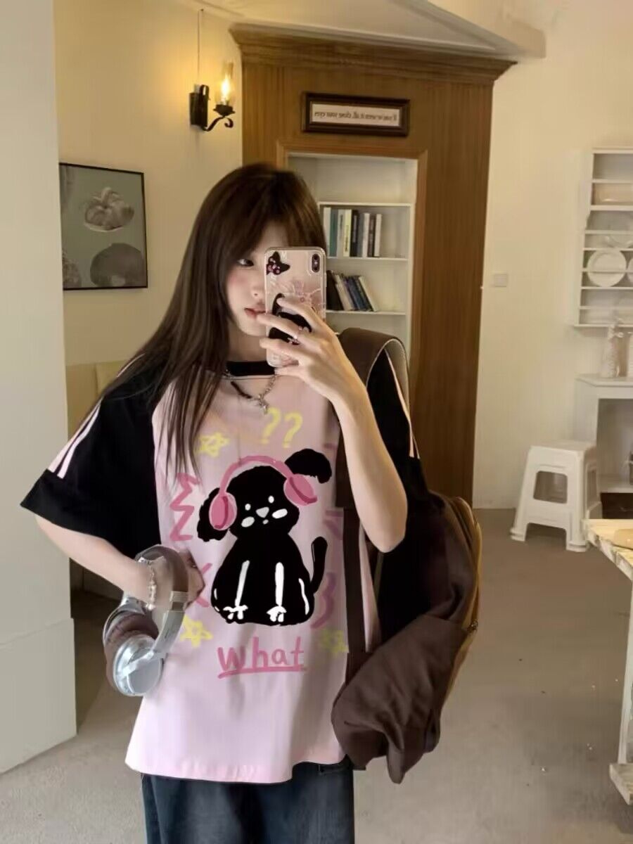 純棉200克21支精梳精密前 印花拼色三條槓落肩短袖t恤女