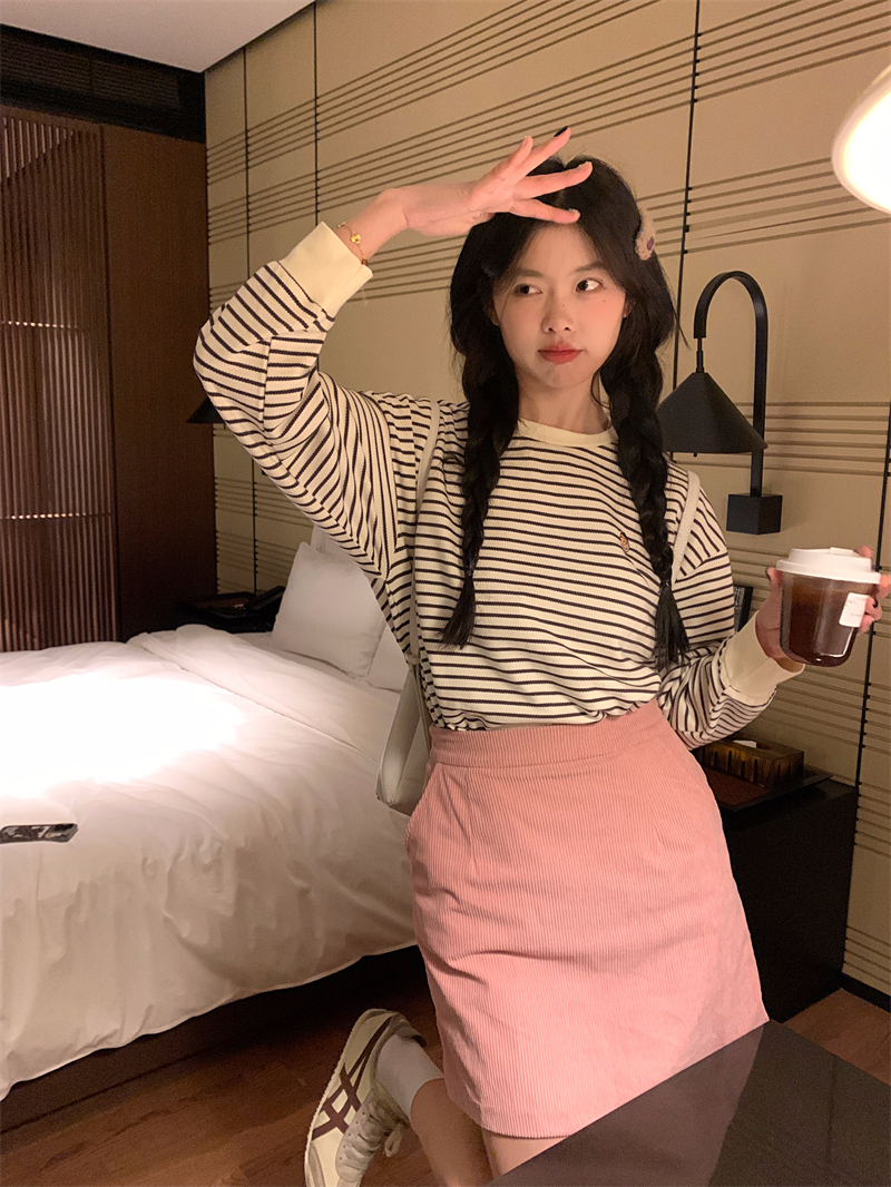 Actual shot ~ Japanese retro striped long-sleeved round neck sweatshirt casual loose T-shirt spring and autumn basic versatile women