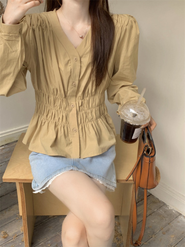 2024 new style unique and unique design niche French V-neck waist long-sleeved blouse real shot