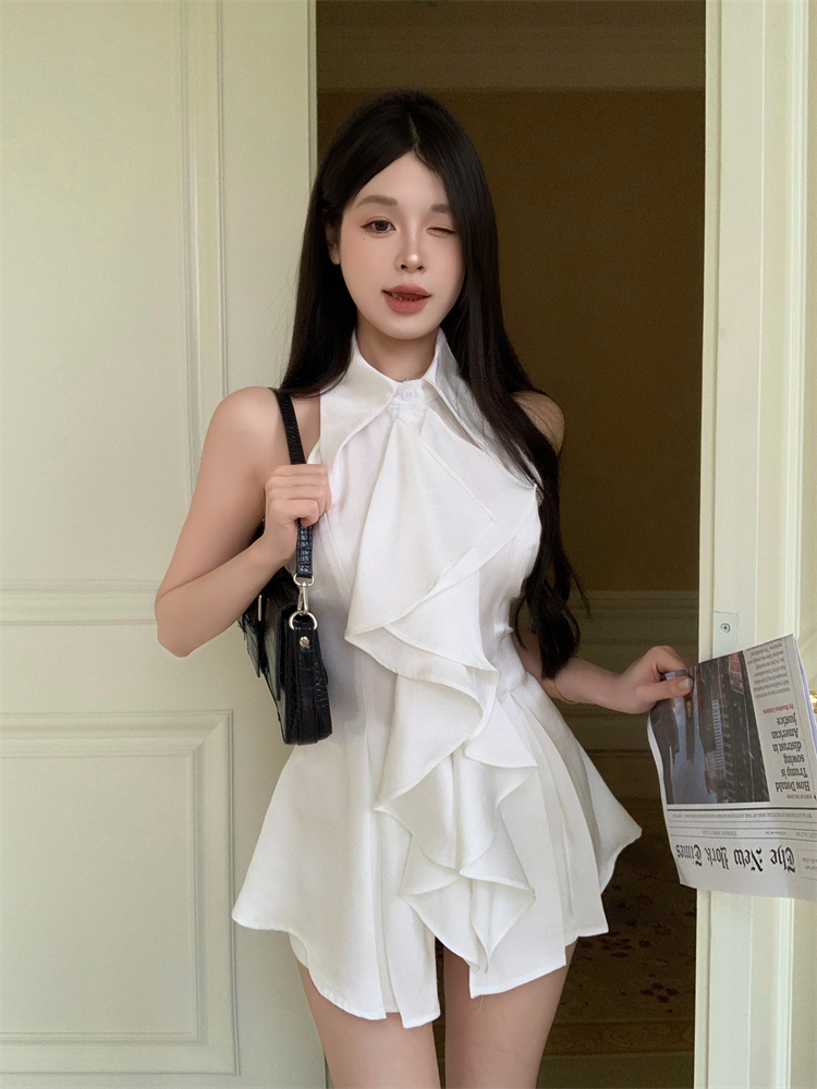 Real shot French halterneck sweet and spicy style sexy camisole white ruffled shirt