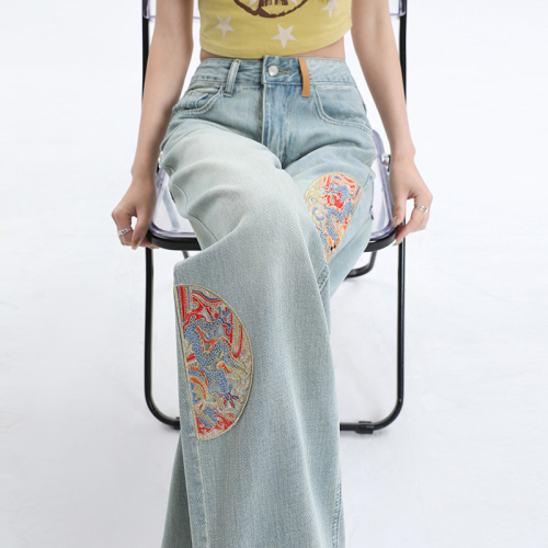 Actual shot of new wide-leg jeans 2024 spring American narrow straight-leg loose slimming and drapey floor-length trousers