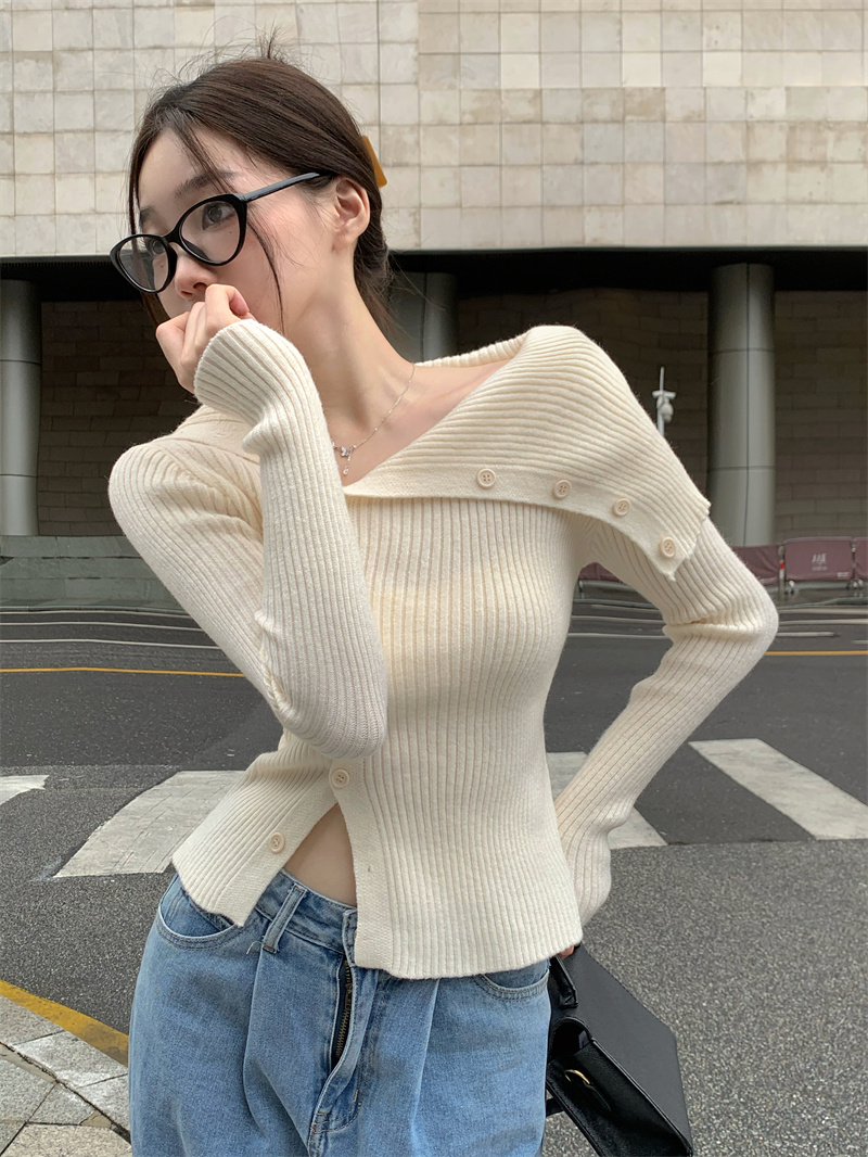 純欲辣妹短款一字肩小上衣女冬不規則白色打底衫內搭獨特别致毛衣