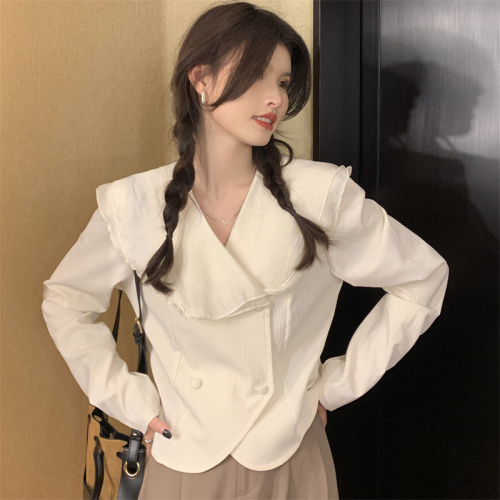 Spring new style large lapel double-breasted waist-cinching temperament goddess long-sleeved shirt top real shot