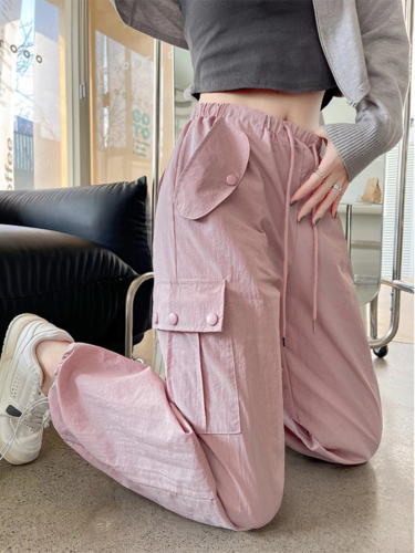 Pink overalls for women 2024 summer new thin high-waisted drape slim loose straight sports wide-leg pants