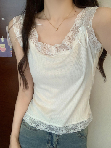 Real shot Summer new pure twin lace cheese plaid soft and waxy vest suspender top for women