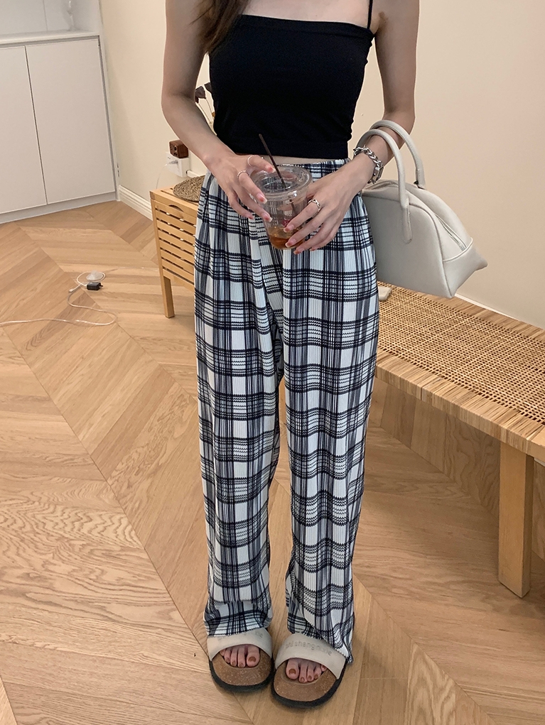 Black and white checkered casual wide-leg pants for women summer pleated textured high-waist cool drape air-conditioned slim pants