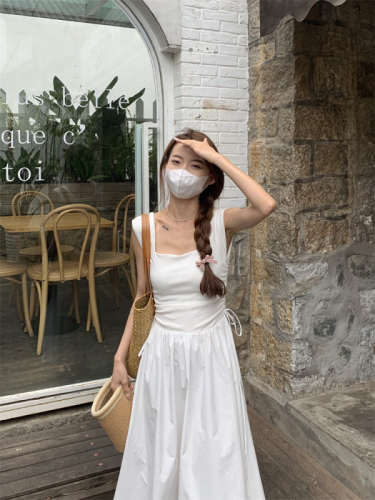 Actual shot of new spring minimalist style high-waisted slimming hollow square neck splicing knitted long dress for women