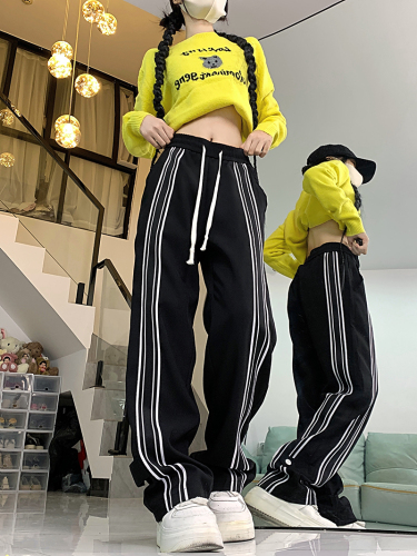 Real shot Chinese cotton composite striped American high street drape straight sports pants loose wide leg casual pants