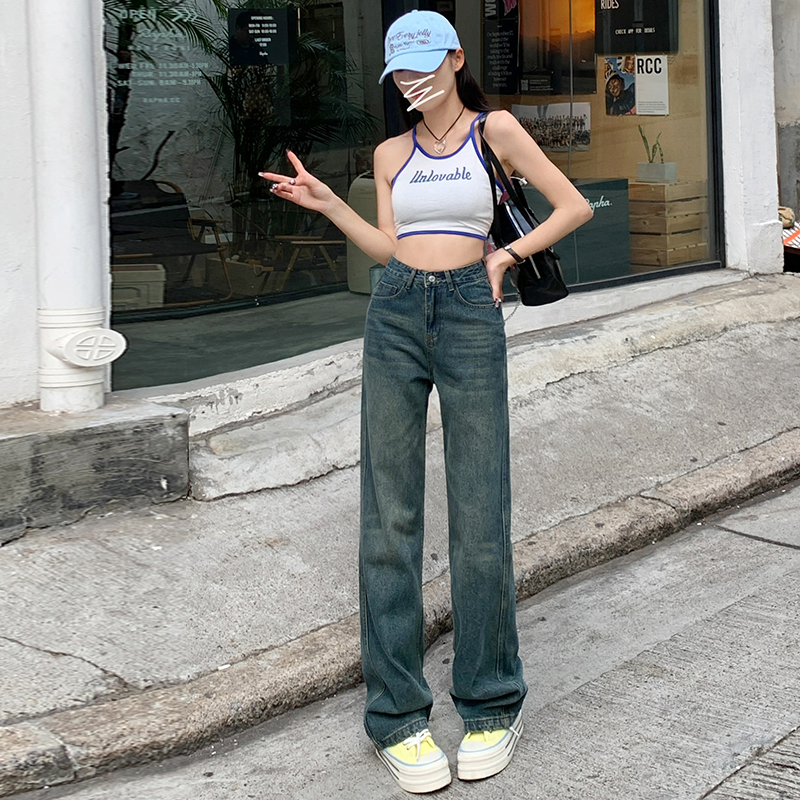 實拍~2024春夏款上新美式復古寬鬆感氣質百搭高腰直筒闊腿牛仔褲