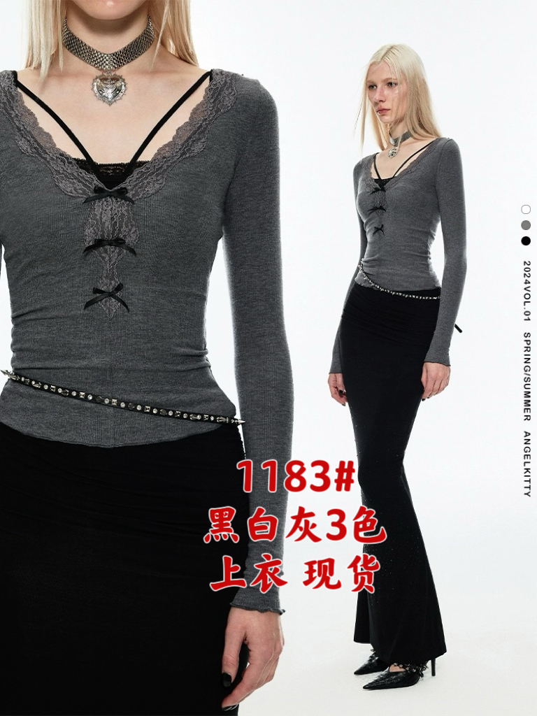 1JINN STUDIO 曼妙懶人線 修身收腰純色百搭花邊V領針織打底上衣