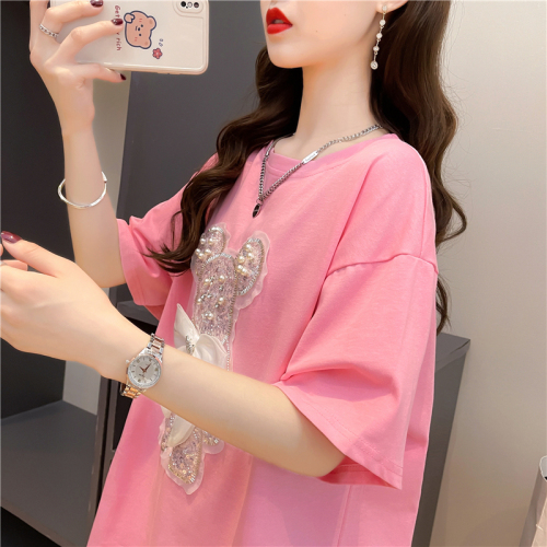 Real shot summer Korean style loose 6535 cotton three-dimensional bow cartoon mid-length large size short-sleeved T-shirt for women