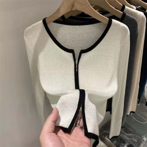 European design double zipper soft waxy long-sleeved knitted cardigan for women 2024 autumn new style style bottoming shirt top