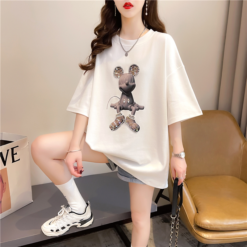 Actual shot of summer Korean style loose 6535 cotton cartoon hot diamond top mid-length large size short-sleeved T-shirt for women