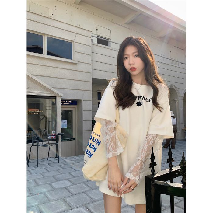 100%純棉拼接蕾絲長袖假兩件上衣女設計感小眾字母印花短袖T恤ins