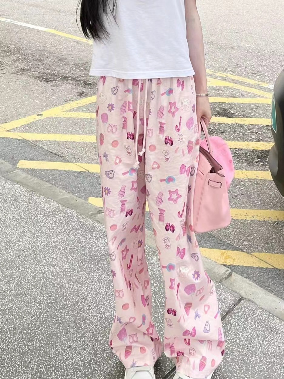 Sweet and cute vintage cartoon all over printed casual pants for women summer high waist drawstring loose slimming wide leg pants